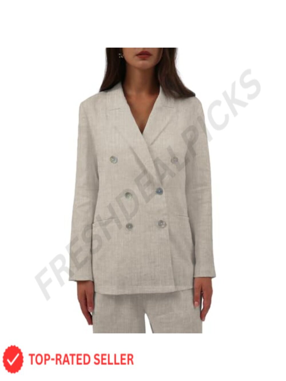 Pure Linen Double-Breasted Blazer Notched Lapel Pockets Work Casual